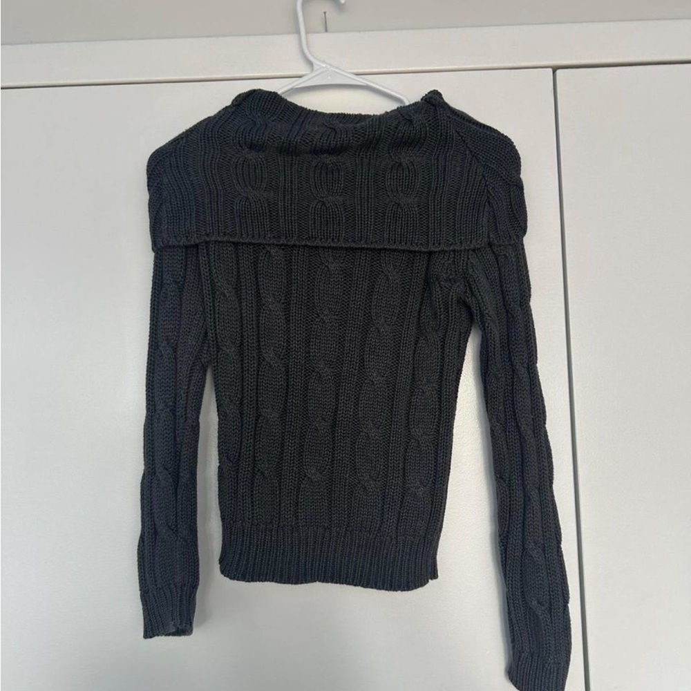 Dark Grey Cable Knit Off-Shoulder Sweater
